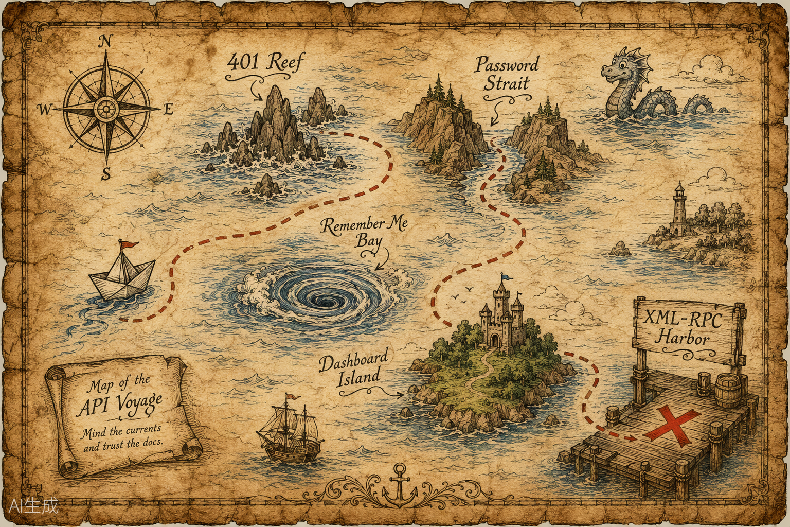 A vintage nautical treasure map charting a route past 401 Reef, Password Strait and Remember Me Bay, via Dashboard Island, to XML-RPC Harbor